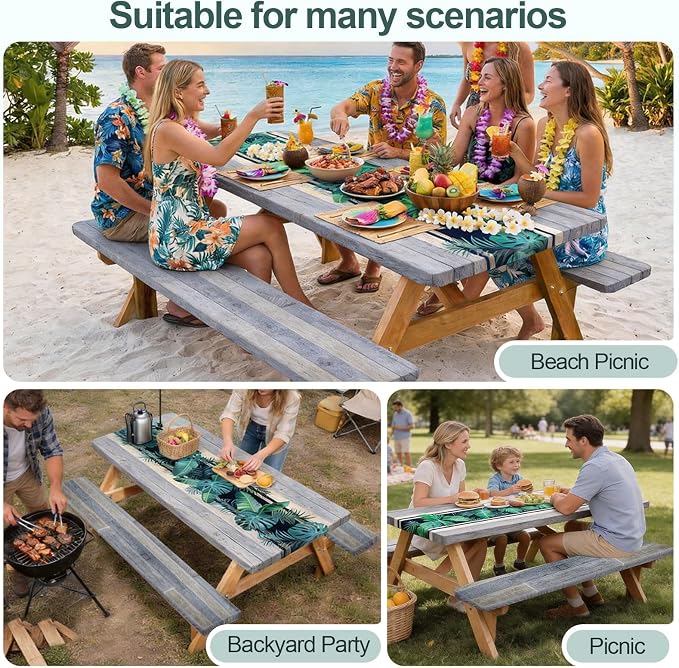 Play Tailor Picnic Table Cover with Bench Covers Camping Essentials Waterproof Windproof Camping Tablecloth with Drawstring Bag, Fitted Rectangle Tables and Seats, 72in, Palm Leaf