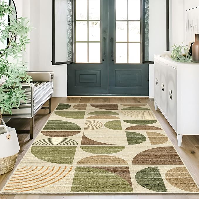 3x5 Rug Washable,Boho Area Rugs Small Non Slip Modern Abstract | Machine Washable Throw Carpet for Bedroom Entryway Living Room Bedside Soft Low Pile Bohemian Vintage Green and Brown