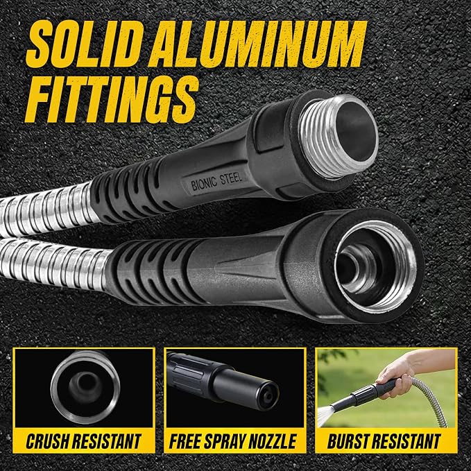 Bionic Steel 25 Ft Metal Garden Hose with Nozzle, 25Ft x 5/8 In. Premium 304 Stainless Steel Metal Water Hose, Flexible Non Kinking, Lightweight, Heavy Duty, for Yard, Outdoor