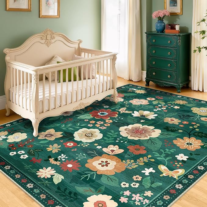 RELEANY Floral Washable 8x10 Area Rugs DarkGreen | Flower Carpet, Print, Boho, Non-Slip, Easy to Clean, Soft, Low Pile for Living Room Bedroom Kitchen Office Entryway Hallway
