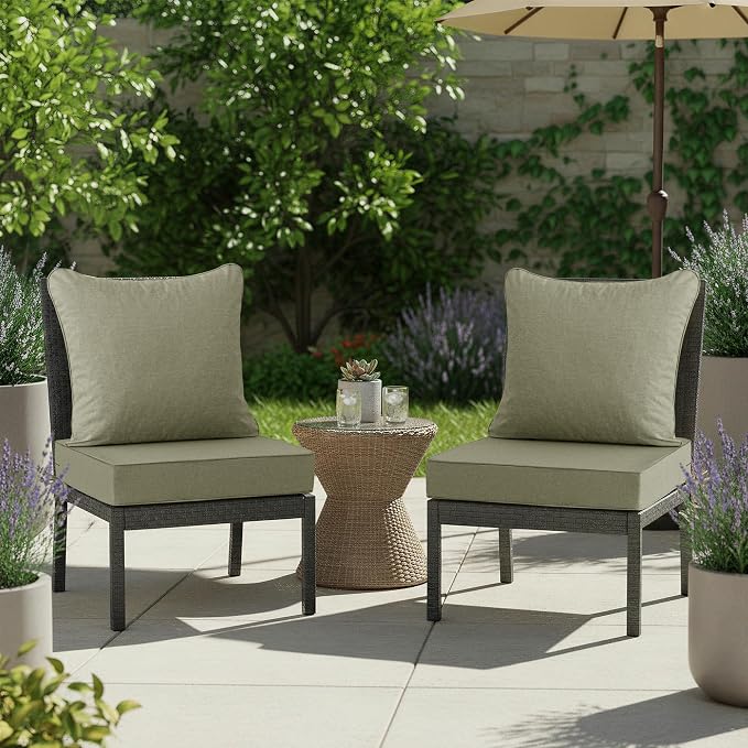 Summsun Water Resistant Outdoor Chair Cushions, Faux Linen Backrest and Seat Cushion Set with Ties, Removable Cover, Non-Slip Bottom for Patio Furniture, 19 x 19 Inch, Mocca Green, Set of 2