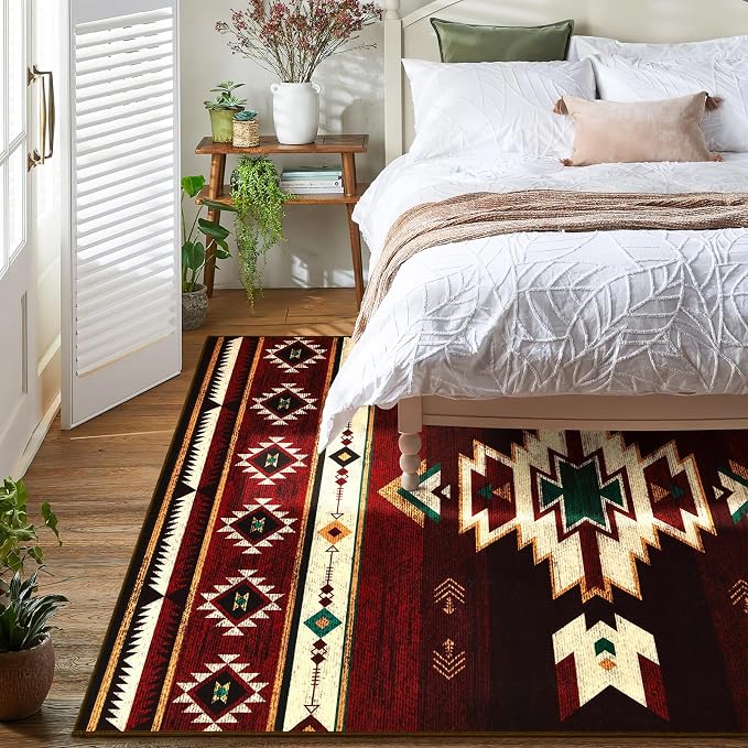 BENRON Western Rugs for Living Room Bedroom 5x7, Non Slip Area Rugs, Red | Southwest aztec Rustic Rugs for Dining Table Kitchen Home Decor, Washable