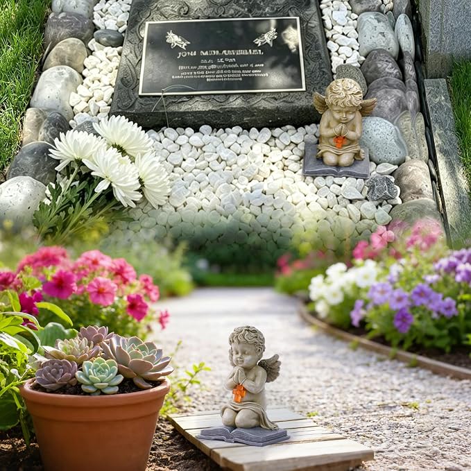 Solar Cherub Statue for Outside - Angel with Glowing LED Cross Light | Guardian Angel for Cemetery, Yard, Pathway, Lawn Decor, Memorial Gardens Gifts