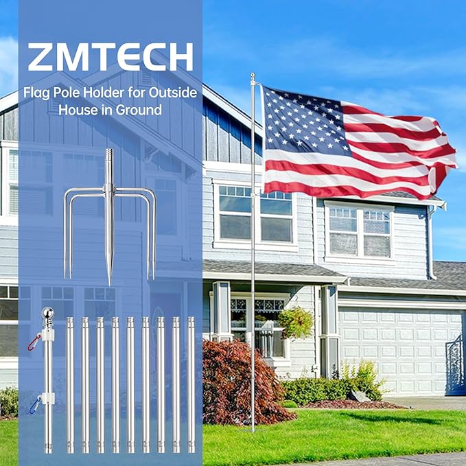 ZMTECH 7 FT Flag Pole in Ground, Heavy Duty Flag Pole Holder for Outside House with 5 Pronges Base, Extra Thick Flag Pole Kit for Yard Outdoor Garden Decor Residential Commerical Silver