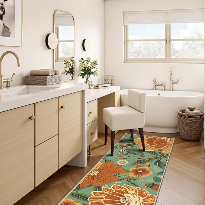 Tyrot Sage Green Boho Floral 2x6 Washable Kitchen & Hallway Runner Rug Ultra-Thin Flat Woven Low Pile Botanical Runner Rug Non-Slip Indoor Butterfly Runner for Entryway, Laundry, Bathroom and Bedroom
