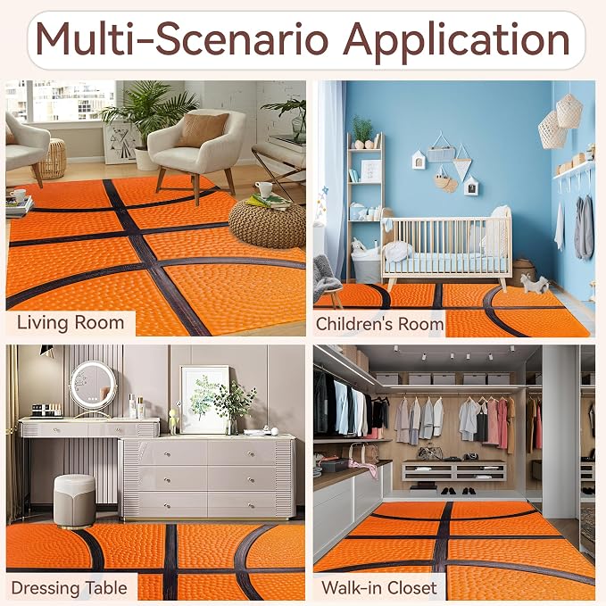 Cool Basketball Washable Area Rugs 5x7,Sports Ball Themed Area Rug for Living Room Bedroom,Indoor Non-Slip Large Throw Carpet for Kitchen Entryway Bathroom Office