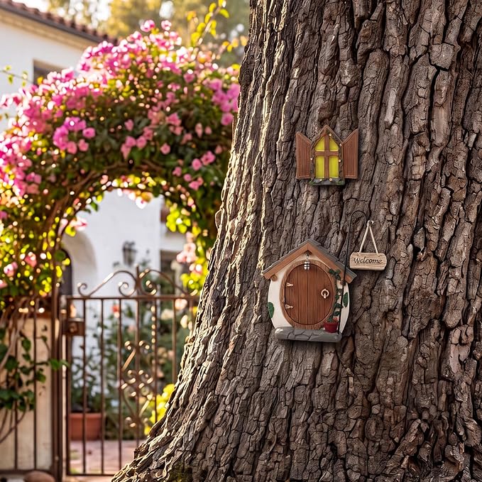 Fairy Doors for Trees with Light, Fairy Garden Accessories for Outdoor Decor, Fairy Garden Houses Kit for Front Porch Patio Backyard Yard Outside Decoration, Birthday Gifts for Women Families Friends