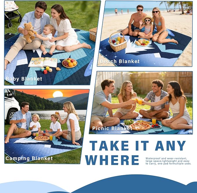 Tirrinia Picnic Blanket Waterproof, 70"x80" Extra Large Outdoor Blanket Waterproof, 3-Layer Foldable Picnic Mat with Sandproof Backing for Beach, Camping, Hiking, Park, Travel