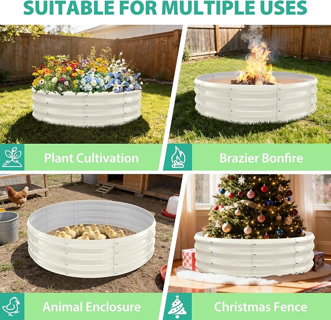 YSEJOMP 4FT Diameter Galvanized Garden Raised Bed/Plant Box/Fire Pit Ring - 0.8mm Thick,12 Inch Tall,Perfect for Planting a Variety of Flowers,Herbs,Vegetables (Cream White, 48 Dia X 12inches)