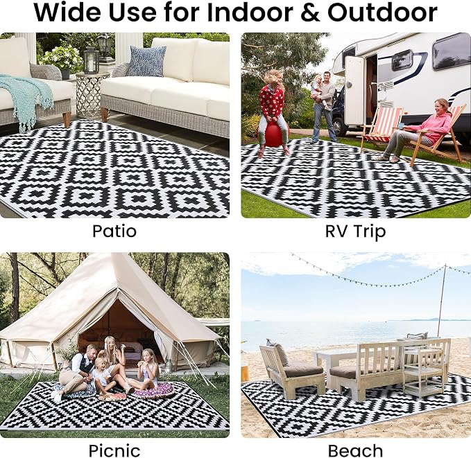 Smiry Waterproof Outdoor Rug 9X18 ft, Reversible Plastic Straw Patio Camping Rugs, Outdoor Indoor RV Mat Carpet for Patio, Outside Entry, Backyard, Deck, Bench, Picnic, Camper, Black & White