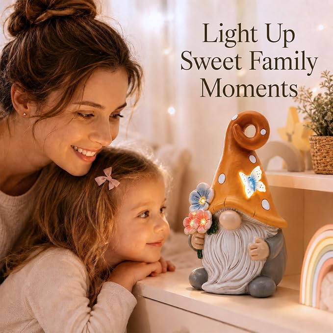 Solar Garden Gnome Statue: Outdoor Figurine with Flower Light | IP65 Waterproof Resin, LED Lighted Butterfly, Yard Lawn Porch Balcony Patio Home Decor, Gifts for Mom Women Grandma