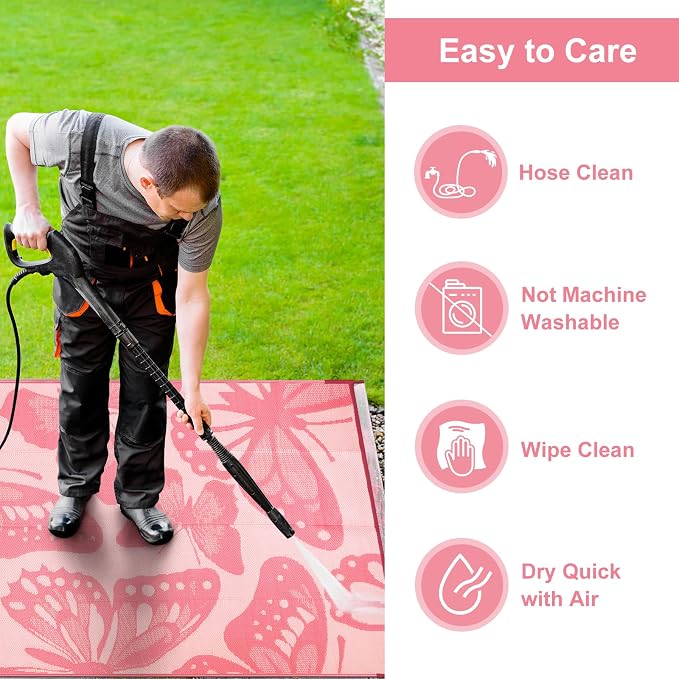 Anidaroel Pink Butterfly Outdoor Rug 6'X9' for Patios Waterproof Clearance, Reversible Plastic Straw Outside Rug, Outdoor RV Camping Rugs for Backyard, Beach, Camper, Pool Deck (Pink,6‘X9')