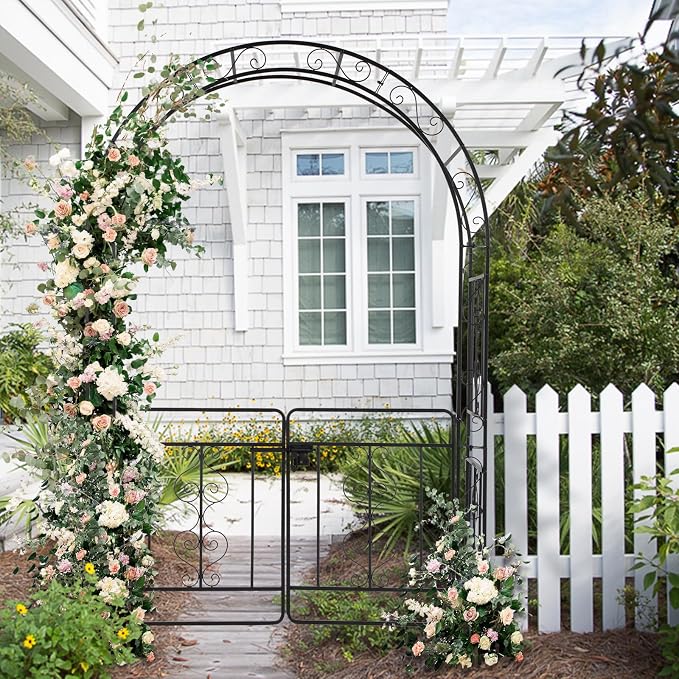 Garden Arch Trellis with Gate, Heavy-Duty Steel Frame Support Arbour Archway for Climbing Plant, Rose Vines, Vegetables, Outdoor Decoration for Lawn Backyard Party Wedding, Arc Top