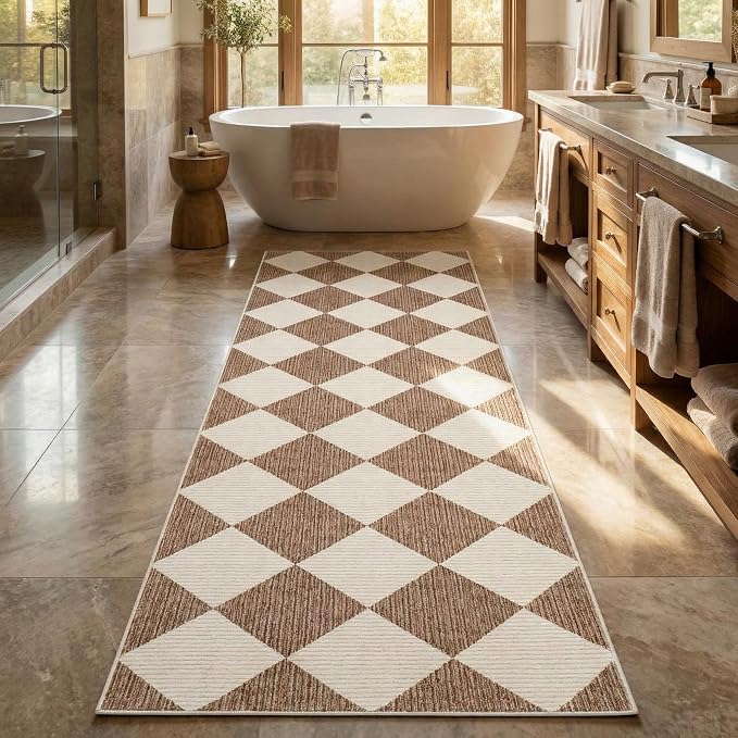 GarveeHome Checkered Rug Runners Hallway 2x6 Brown Kitchen Runner Non Slip | Soft Diamond Print Entryway Rug Thin Laundry Mat Stain Resistant Carpet for Bedroom Bathroom Beside