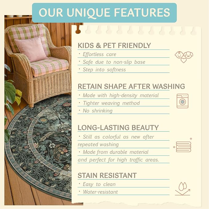 5ft Round Rug for Reading Corner Small Living Room, Soft Ultra Thin Non Slip Floral Circle Area Rug, Machine Washable Forest Green Carpet, Low Pile Floor Mat for Entryway, Home Office (Dark Green)