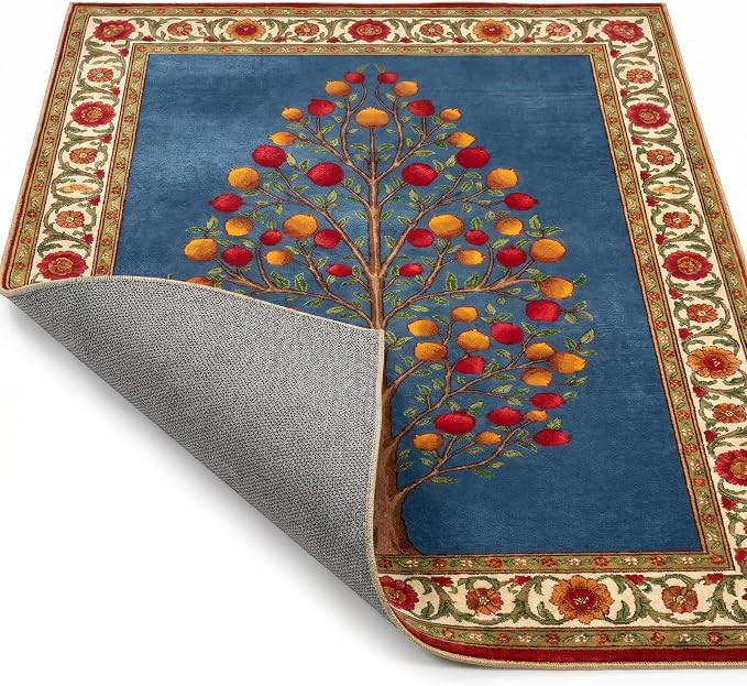 9CH Vintage Traditional Area Rug 5x7, Washable Oriental Capet Soft Non Slip Blue Red Tree of Life Rugs for Living Room Bedroom Home