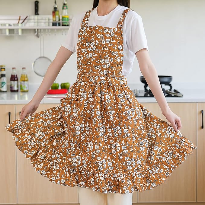 Pinknoke Vintage Pinafore Apron Dress for Women with Pockets Cute Floral Chef Aprons for Kitchen Cooking Baking Gardening