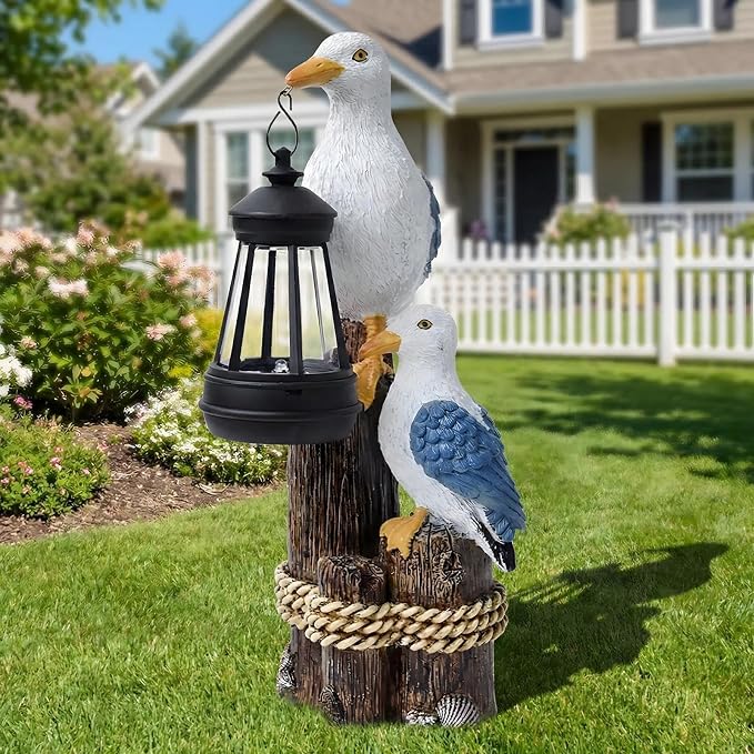 Seagull Solar Garden Outdoor Decor Statues with LED Lantern, Hand Painted Resin Animal Figurine Lights for Beach Pool Coastal Patio Lawn Yard Pathway, Unique Nautical Gifts For Women Mom Grandma
