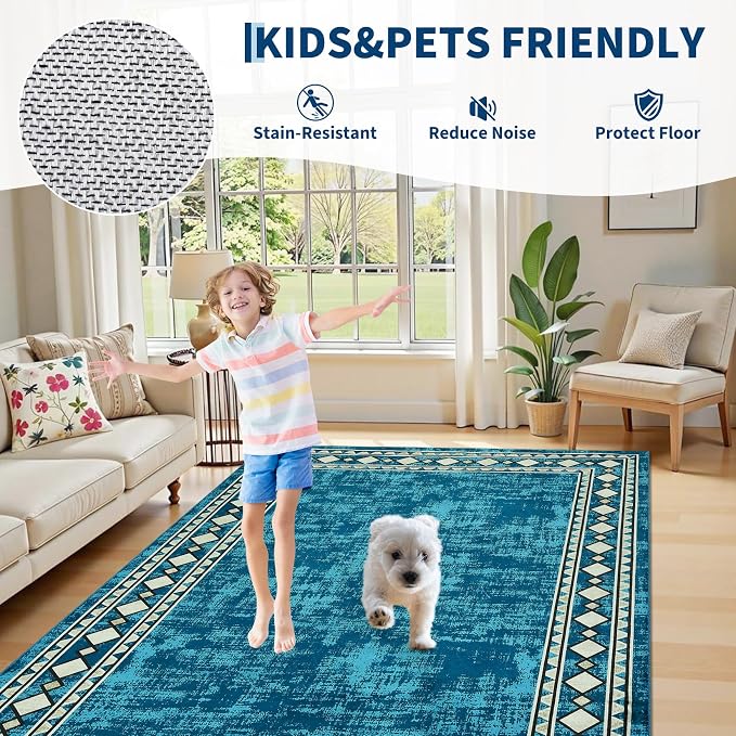 Garvee 5x7 Area Rugs Vintage Border Washable Rugs Living Room, Teal | Boho Area Rug Stain Resistant Easy Cleaning Throw Rugs Non Shedding Low Pile Floor Cover for Nursery Dining Room
