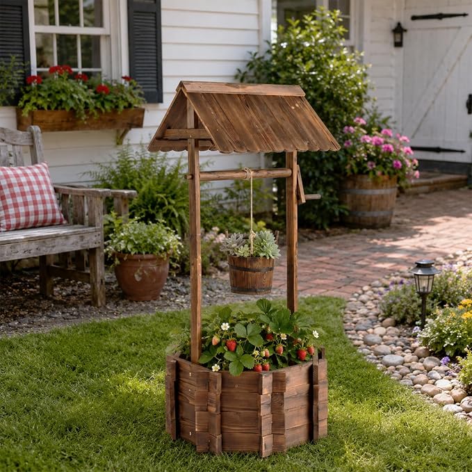 VINGLI Wooden Wishing Well Outdoor Planters, Well Covers for Yard with 4 Reinforced Rods, Height Adjustable Hanging Bucket, Rustic Flower Pot Decor for Outside Patio Garden(Carbonized, 25" Width)