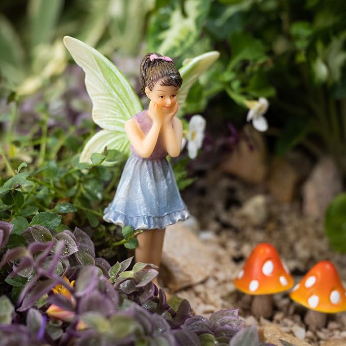 PRETMANNS Fairies for Fairy Garden Accessories for Outdoor - 4 Figurines Miniature Set with a Flower Stump, 2 Mushrooms - Ideal for an Indoor Miniature Fairy Garden Starter Kit - 7 Piece Supplies