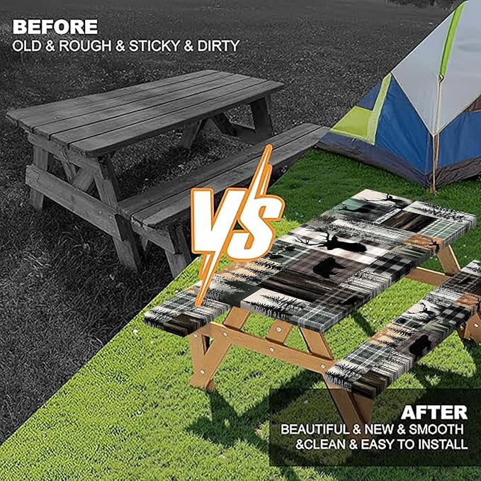 Picnic Table Cover with Bench Covers and Bag, Teal Rustic Camping Essentials Waterproof Windproof, Fitted Tablecloth Cover with Elastic Edge, for Indoor & Outdoor, Camping, 3 Pieces Set, 30x72 IN