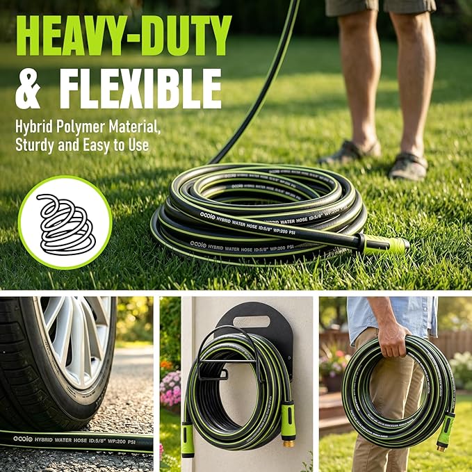 Garden Hose 50ft x 5/8", Heavy Duty Water Hose, Flexible and Durable, Kink Resistant Lightweight Hybrid Hose, Leakproof Yard Hose with Male to Female Fittings