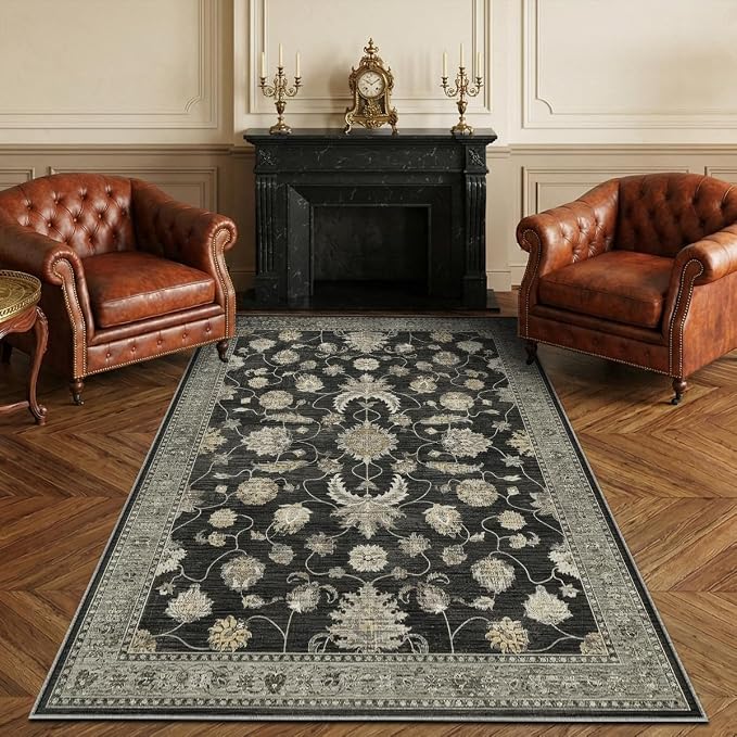Vintage Area Rug 3x5 Ft Washable Rugs for Entryway Indoor | Non Slip Kitchen Rug Printed Faux Wool Throw Rugs, Neutral Modern Indoor Mat for Entrance Bedroom Office Home Decor