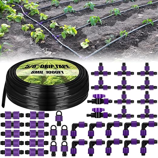 Tondiamo 1000' 5/8 Inch Drip Tape Irrigation Tubing Kit 16 Mil 6" Spacing Garden Hose Watering Tube Line Automatic Equipment for Garden Irrigation System Farms, Landscape, Lawn
