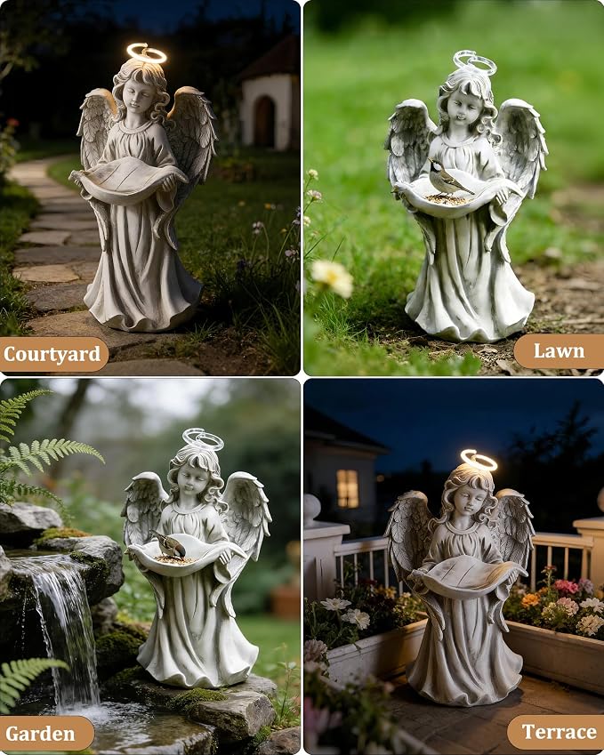 Solar Angel Statue with Bird Feeder for Outdoor Garden Decor | for Patio, Yard, Lawn, Balcony, Gift for Mother, Grandmother, Women