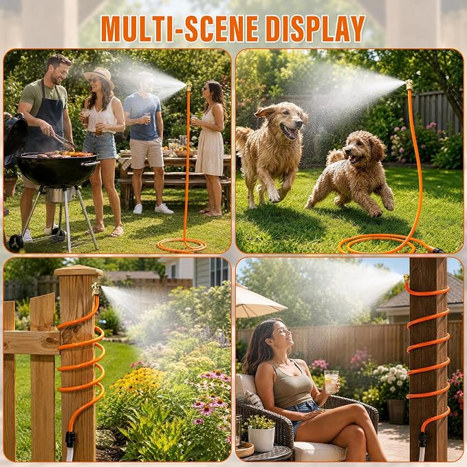 SPECILITE Misters for Outside Patio, 6.5 FT Hose Mister Cooling System, 360° Cover Outdoor Water Mist Kit with 6 Brass Nozzles and 4 Brass Plugs, for Garden, Backyard, BBQ, Pet, Chicken Coop (1 Pack)