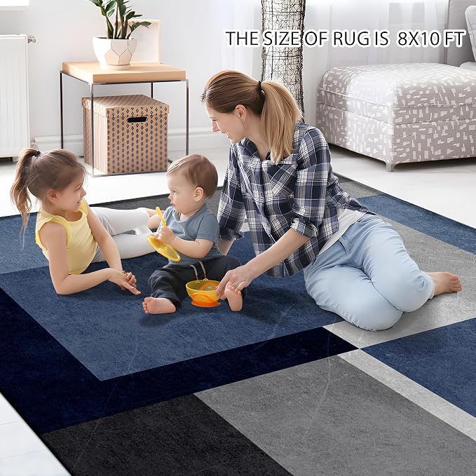 Washable Low-Profile Geometric Area Rug, 0.2 inch Thin Abstract Rug Design for Living Room & Bedroom Decor, 8x10 ft Blue Grey Modern Non-Slip Floor Rug