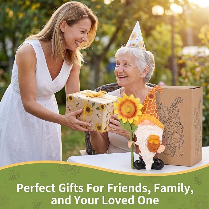 Lyeasw Solar Garden Gnomes Gifts - Garden Gnome Decor Outdoor - 8.3 Inch Honey Pot Funny Figurines for Birthday Anniversary Gardening, Unique Sunflower Decorations for Mom & Grandma Yard Patio