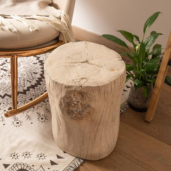 COSIEST 2 Pieses Outdoor Side Table, Hand-Painted Wood Stump Side Table Set of 2, Faux Wood Stool, Ottomans, Plant Stand, Deck or Garden (Antique Beige)