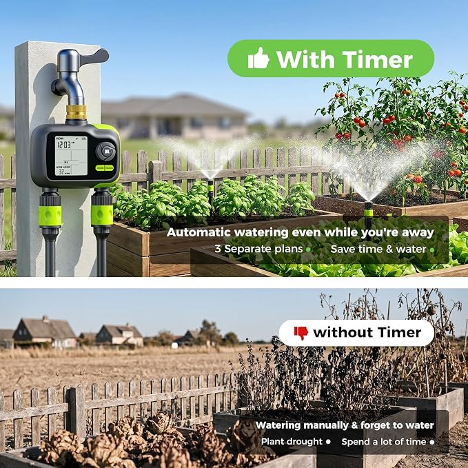 Sprinkler Timer, Brass Inlet Programmable Watering Timer for Garden Hose Fits 3/4” US Faucet, Outdoor Auto& Manual Hose Timer w/Rain Delay& Lock, Dirp Irrigation for Lawn, Yard, 2 Outlets