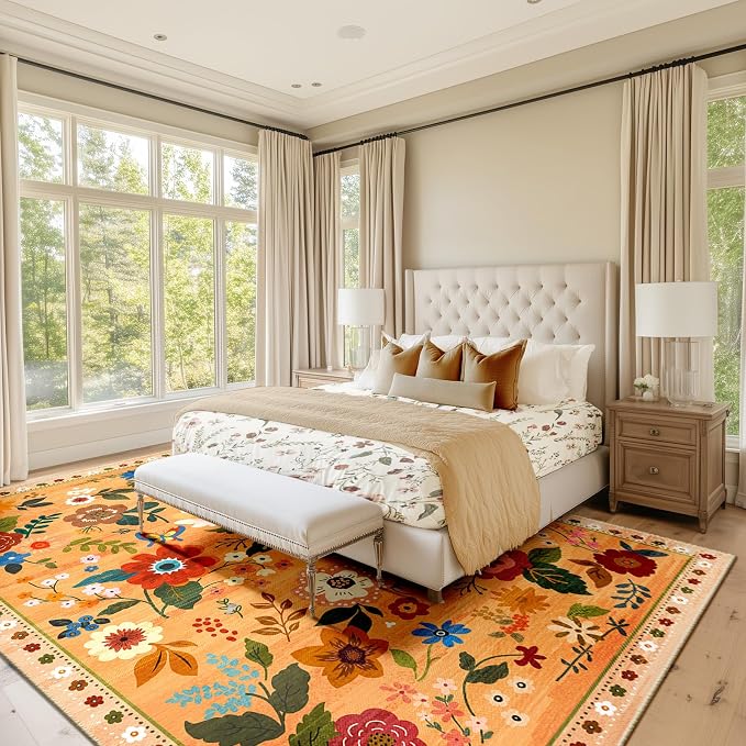 RELEANY Floral Washable 9x12 Area Rugs Orange/Yellow/Red | Flower Carpet, Print, Boho, Non-Slip, Easy to Clean, Soft, Low Pile for Living Room Bedroom Kitchen Office Entryway Hallway