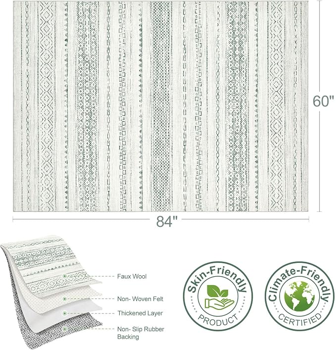 Nakagishi Boho 5x7 Area Rug Living Room Rugs Machine Washable Green | Soft, Pet & Kid Friendly, Carpet for Living Room/Bedroom/Office/Kitchen/Nursery, Daily Home Decor Stain Resistant Moroccan