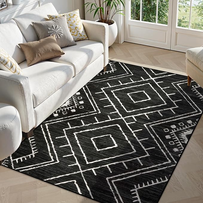 LIVEBOX Western 5x7 Area Rug, Black Washable Rugs for Living Room Bedroom, Non Slip Moroccan Tribal Rug Low Pile Modern Geometric Boho Area Rugs Diamond Carpet for Dining Room Home Office Playroom