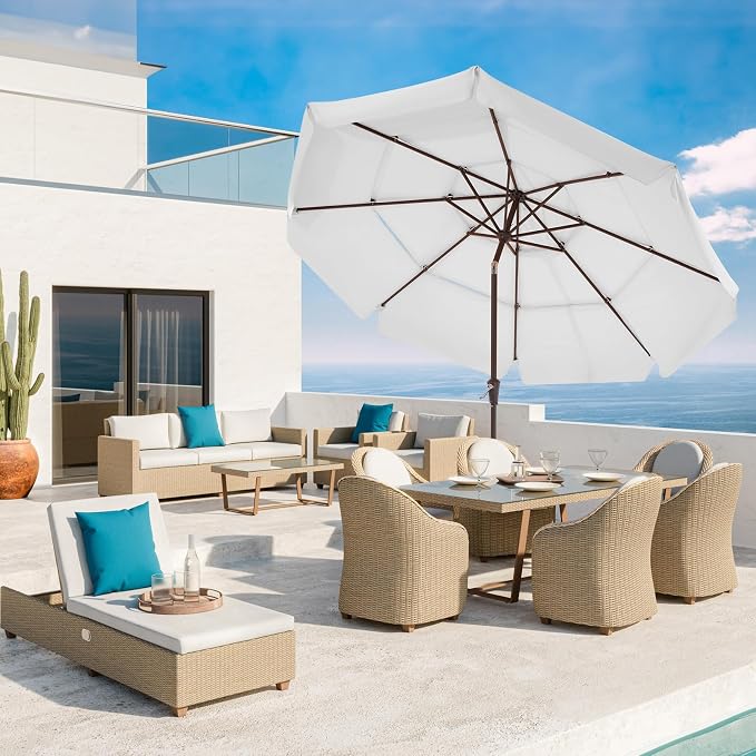 JEAREY 3 Tiers 9 FT Patio Umbrellas Outdoor Table Umbrella with Push Button Market Umbrella 8 Sturdy Ribs UV Protection Waterproof for Garden,Off-white