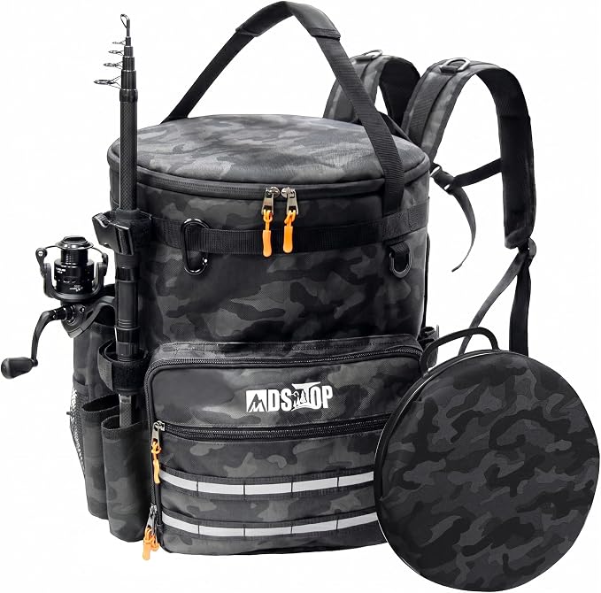 MDSTOP Fishing Bucket Backpack for 5 Gallon Bucket with Seat, Fishing Tackle Bag with Adjustable Buckle, Rod & Plier Holder and Multi-Pockets for Storage