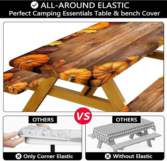 Picnic Table Cover with Bench Covers Elastic Edges, Outdoor Patio Camping Essentials 72 Inch 3PCS, Camper Fitted Table Cover, Waterproof Rectangle Tablecloth with Drawstring Bag,Orange