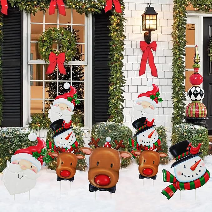 3 Pack Metal Christmas Yard Signs Decor for Multiple Stacked, Christmas Yard Stakes with Santa Claus Snowman Elk Fall Yard Decor for Outside Garden Yard Lawn Porch