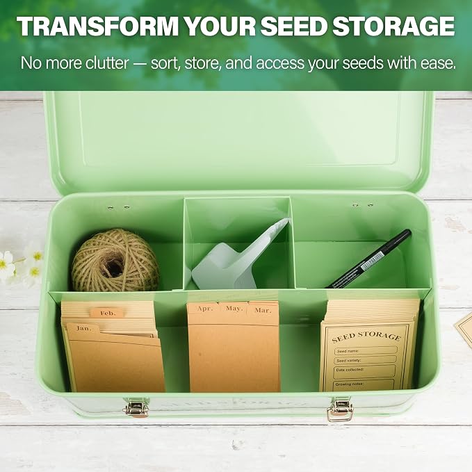 Seed Storage Box Organiser – Green Garden Seeds Tin with Lid, Side Handles, 4 Compartments & Safety Lock – Seed Packet Container for Gardeners – Gardening Gift Idea with Over 200 Accessories | Seed Tin with Lid, Handles, 4 Sections & Safety Lock, Over ...
