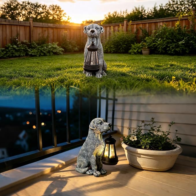 Goodeco Dog Statue with Solar Lantern - Cute Garden Dog Figurines | Weather-resistant resin for patio, yard & pathway, great gift for dog lovers, mom, grandma & pet memorial