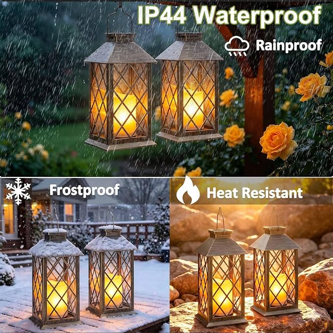 2 Pack 14" Large Solar Lanterns Outdoor Waterproof, Tempered Glass, Hanging Solar Lights with Flickering Flameless Candles, Retro Solar Lantern for Wall Porch Patio Table Garden Decorations, Bronze