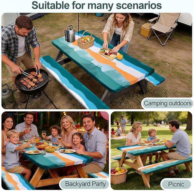 Picnic Table Cover with Bench Covers Camping Essentials Waterproof Windproof Camping Tablecloth with Drawstring Bag, Fitted Rectangle Tables and Seats, 72in, Orange Blue