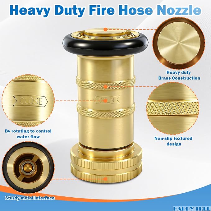 Happy Tree 1-1/2" NPSH Brass Fire Hose Spray Nozzle 85 gpm Fire Equipment Heavy Duty Industrial Jet Fog Nozzle 100 psi
