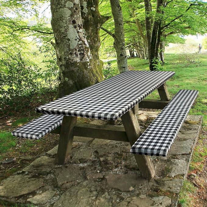 Picnic Table Cover with Bench Covers Camping Essentials Reusable Waterproof Windproof Camping Tablecloth Fitted Rectangle Tables and Seats, 72in, Black Checkered