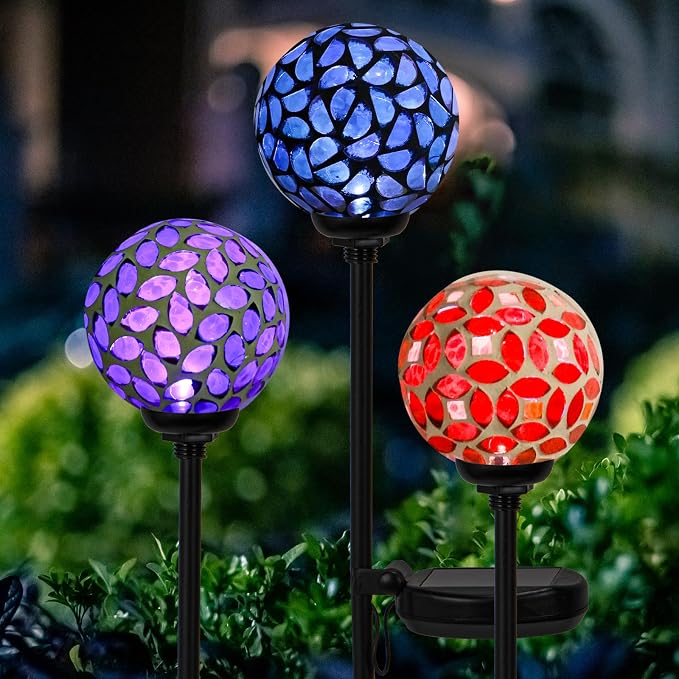 VCUTEKA Decorative Solar Garden Lights, 3.5" Mosaic Globe Stake 3 Pack | Mosaic Glass Design, Solar LED Light, Weather Resistant, Auto On/Off and Metal Stake Design for Lawn and Patio
