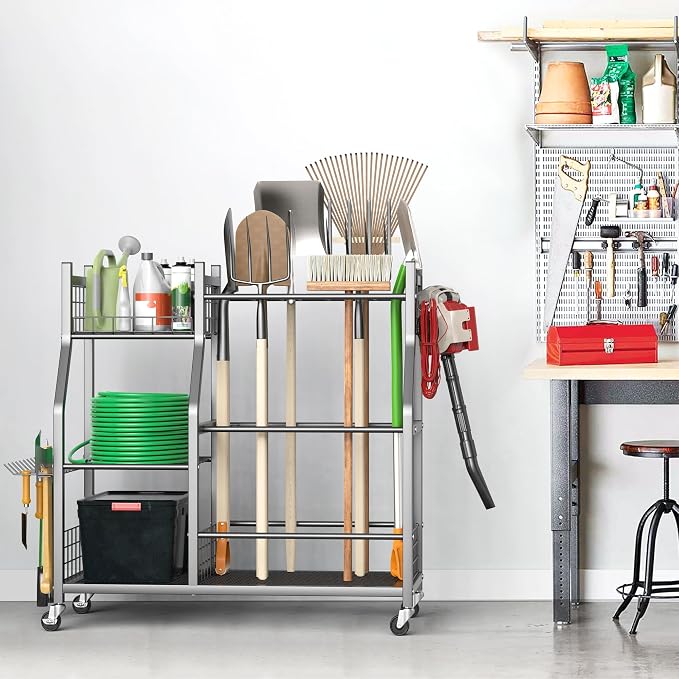 Ultrawall Garden Tool Organizer, Yard Tool Storage Rack for Garage Organization with Lockable Wheels, Garden Tool Stand for Rake, Brooms, Indoor & Outdoor Use
